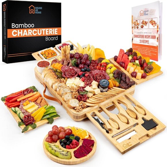 Large Bamboo Charcuterie Boards Gift Set with 4 Hidden Drawers Cheese Knives C